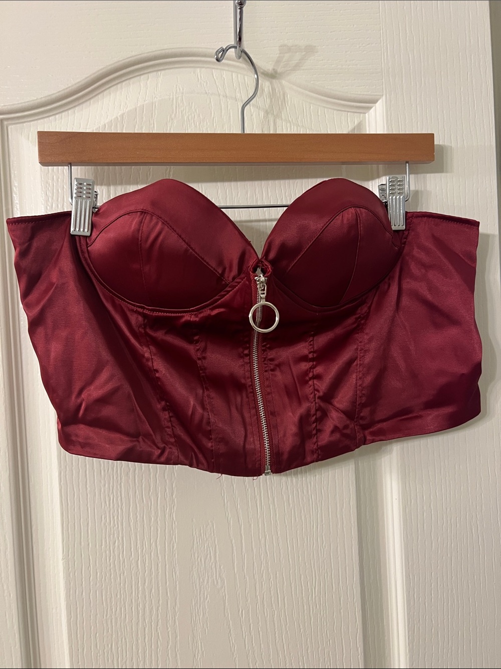 NWOT Strapless Satin Bustier Top in Burgundy with Front Zip